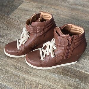 Candie's Brown Leather Wedge Sneakers